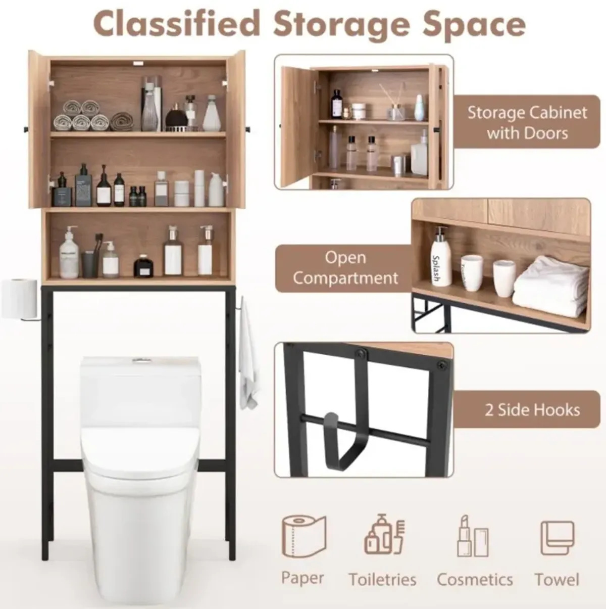 Over The Toilet Storage Cabinet with 2 Doors and Adjustable Shelf