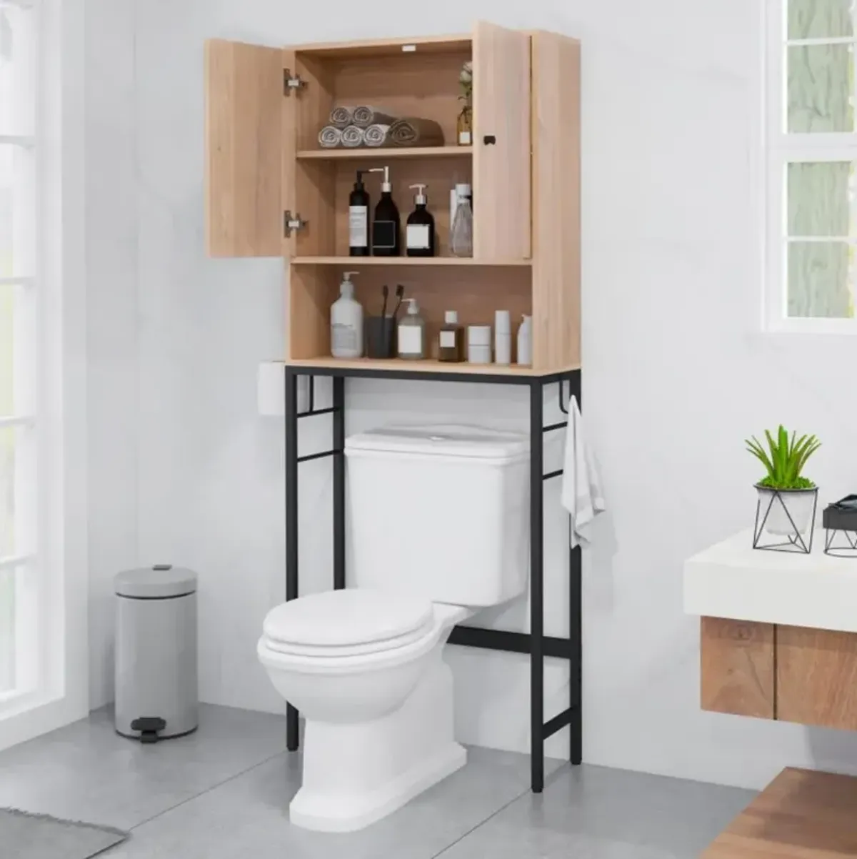 Over The Toilet Storage Cabinet with 2 Doors and Adjustable Shelf