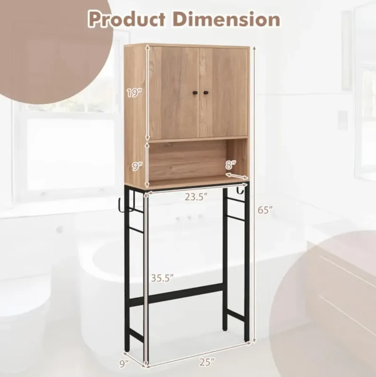 Over The Toilet Storage Cabinet with 2 Doors and Adjustable Shelf