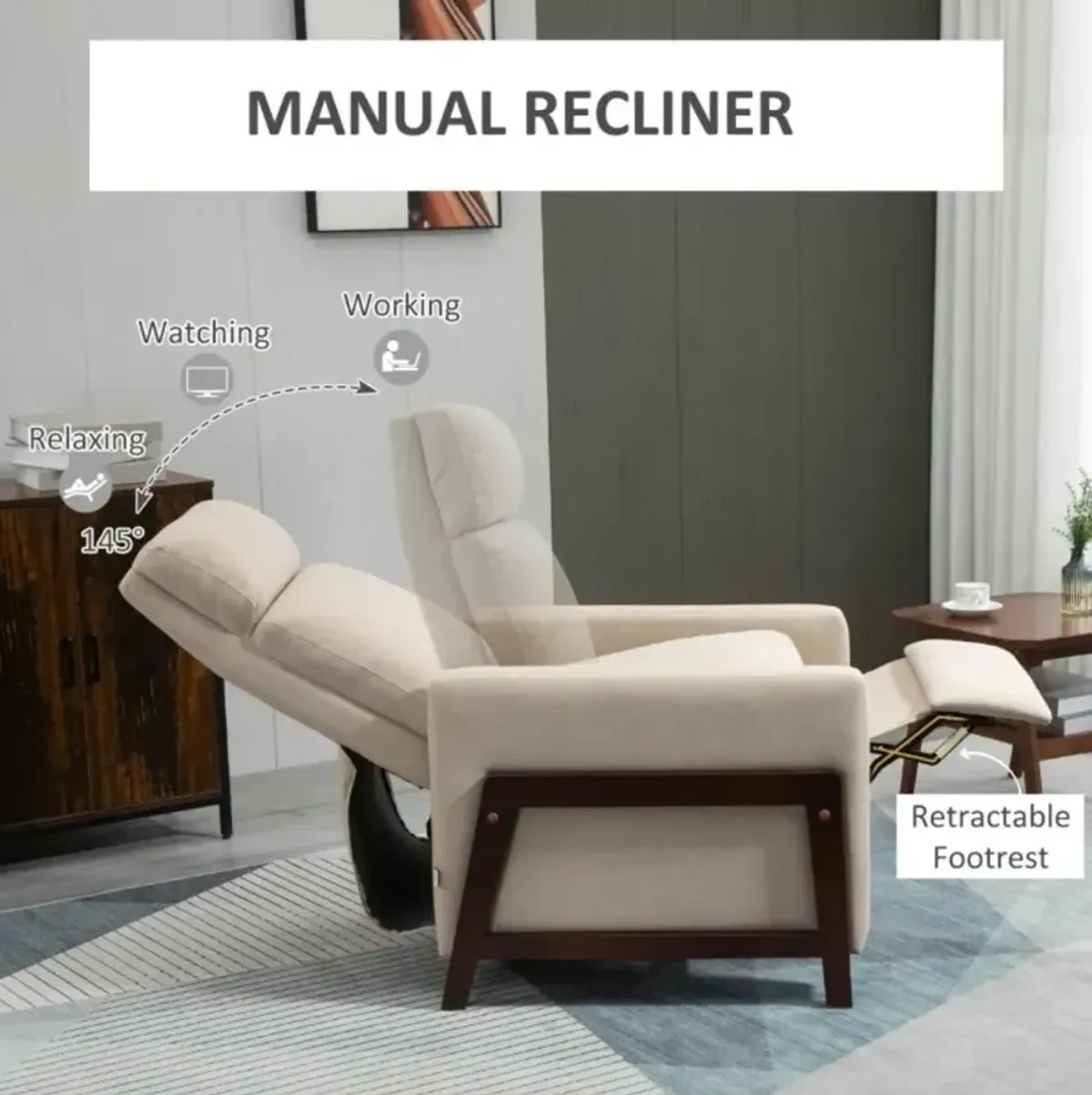 Modern Upholstered Manual Reclining Sofa Chair w/ Armrest and Footrest