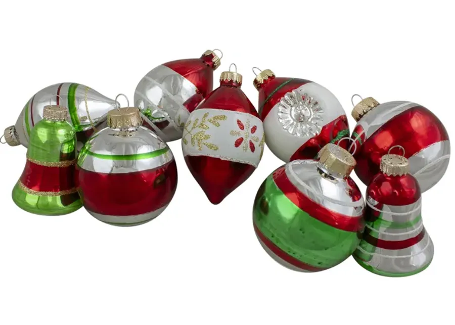 9ct Silver and Red Striped 2-Finish Glass Christmas Ornaments 3.25"