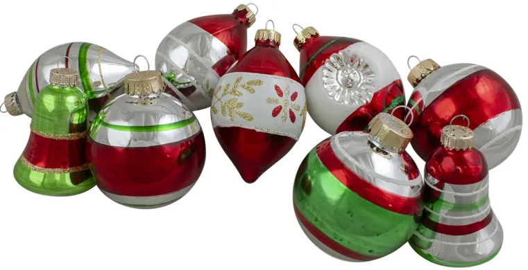 9ct Silver and Red Striped 2-Finish Glass Christmas Ornaments 3.25"