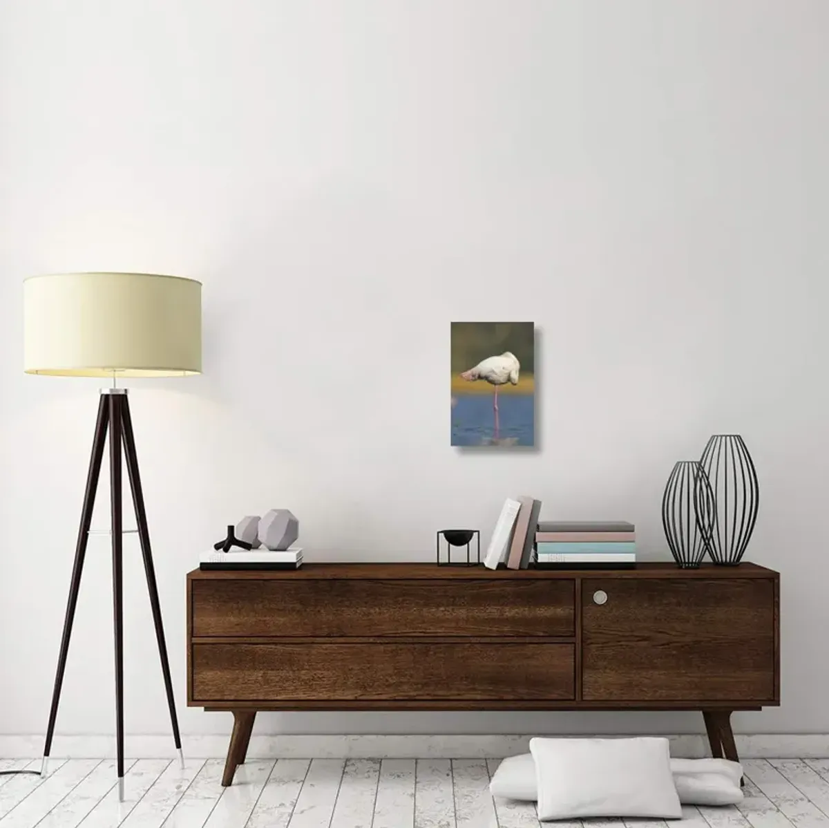 Greater Flamingo standing on one leg as it rests, Kenya-Canvas Art-12x18