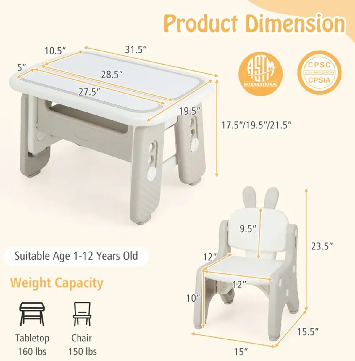 Kids Table and Chair Set with Flip-Top Bookshelf-Grey