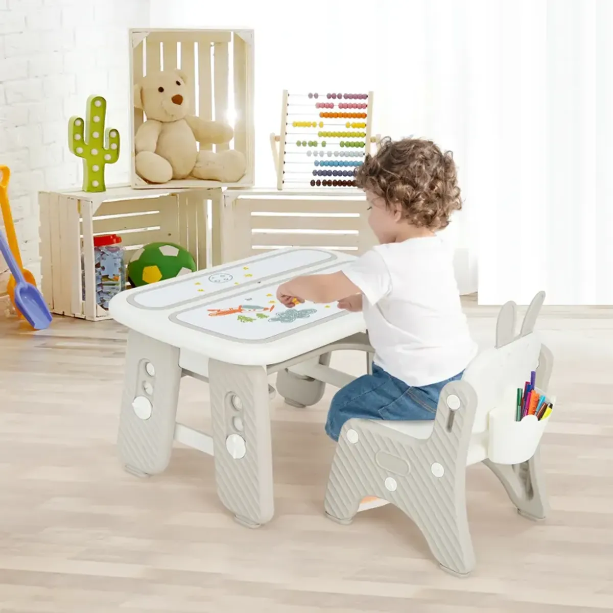 Kids Table and Chair Set with Flip-Top Bookshelf-Grey