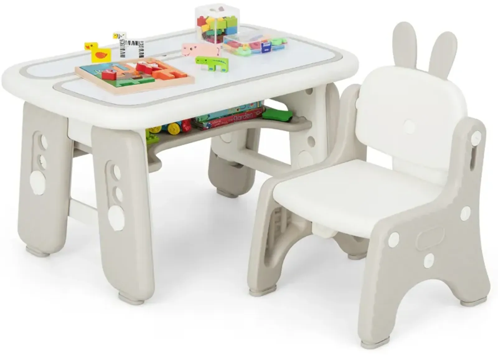 Kids Table and Chair Set with Flip-Top Bookshelf-Grey