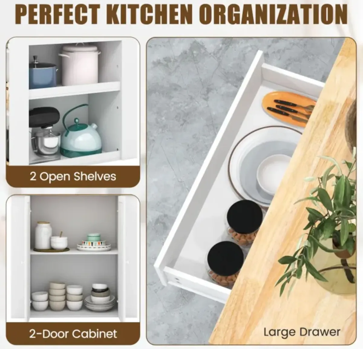 Hivvago Modern Kitchen Island with Rubber Wood Countertop and Storage