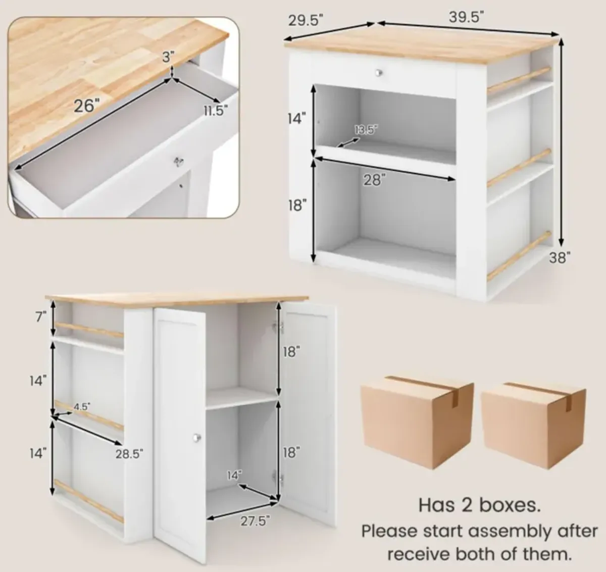 Hivvago Modern Kitchen Island with Rubber Wood Countertop and Storage