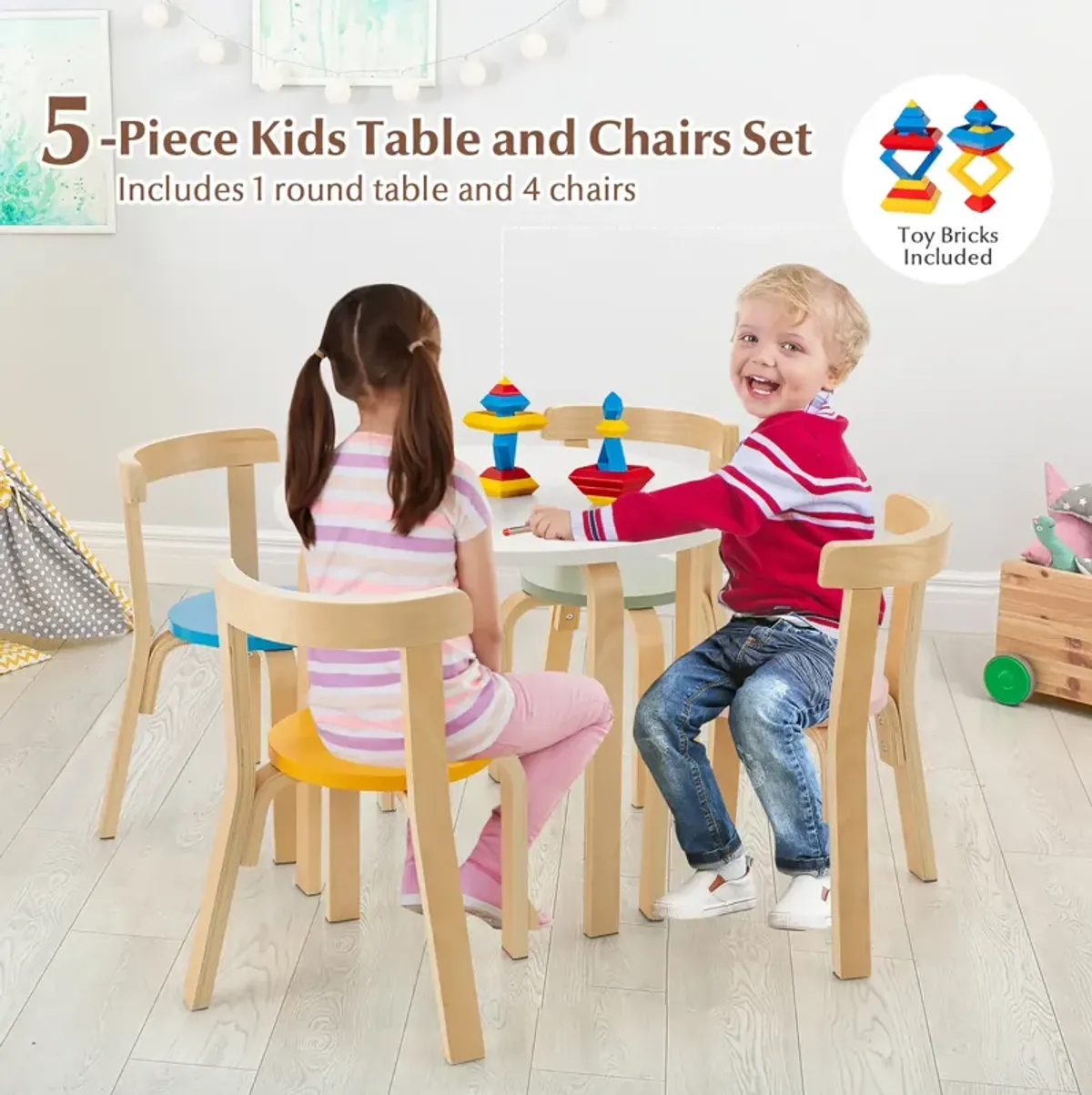 5-Piece Kids Wooden Curved Back Activity Table and Chair Set with Toy Bricks