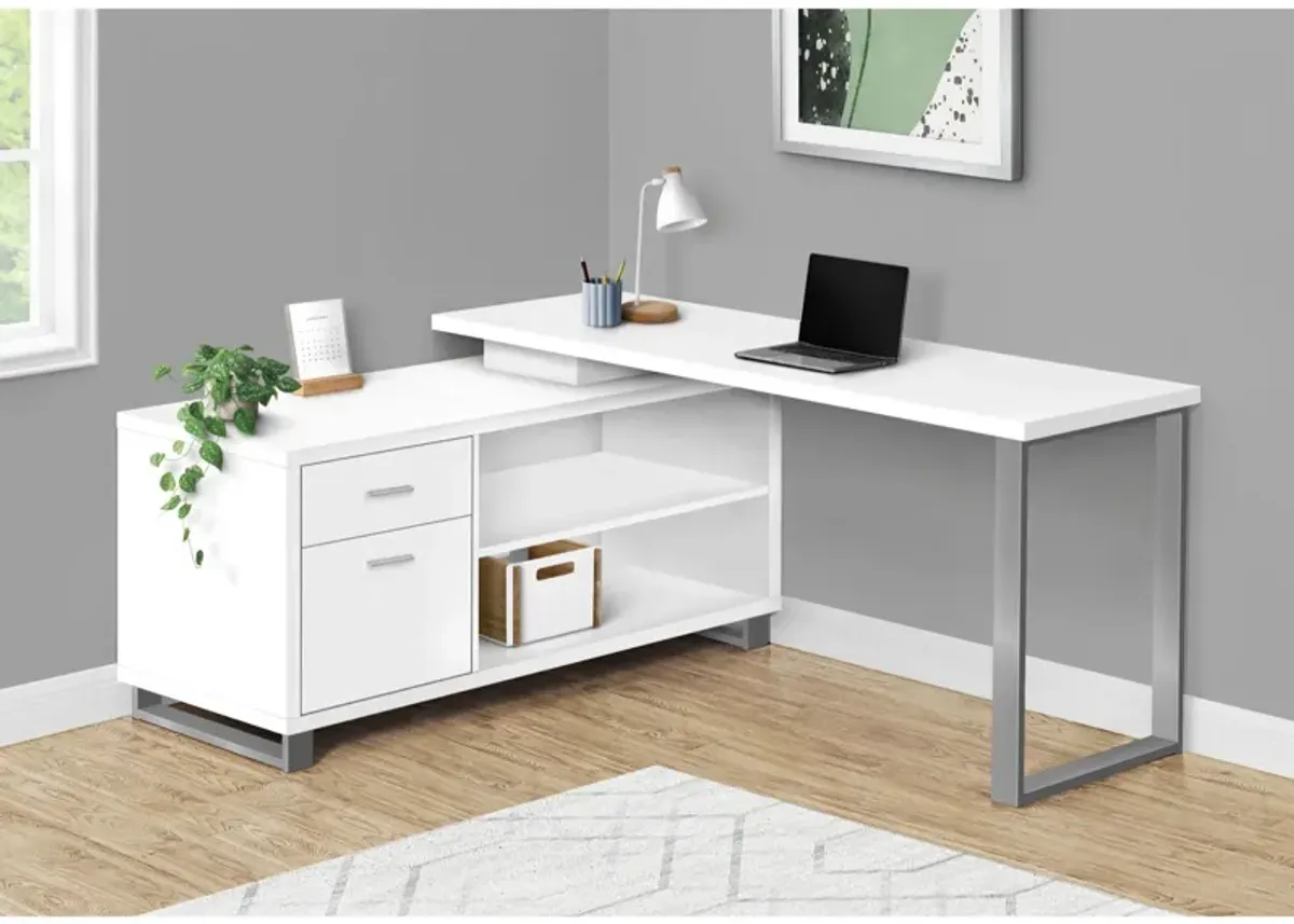 Computer Desk, Home Office, Corner, Storage Drawers, 72"L, L Shape, Work, Laptop, Metal, Laminate, White, Grey, Contemporary, Modern