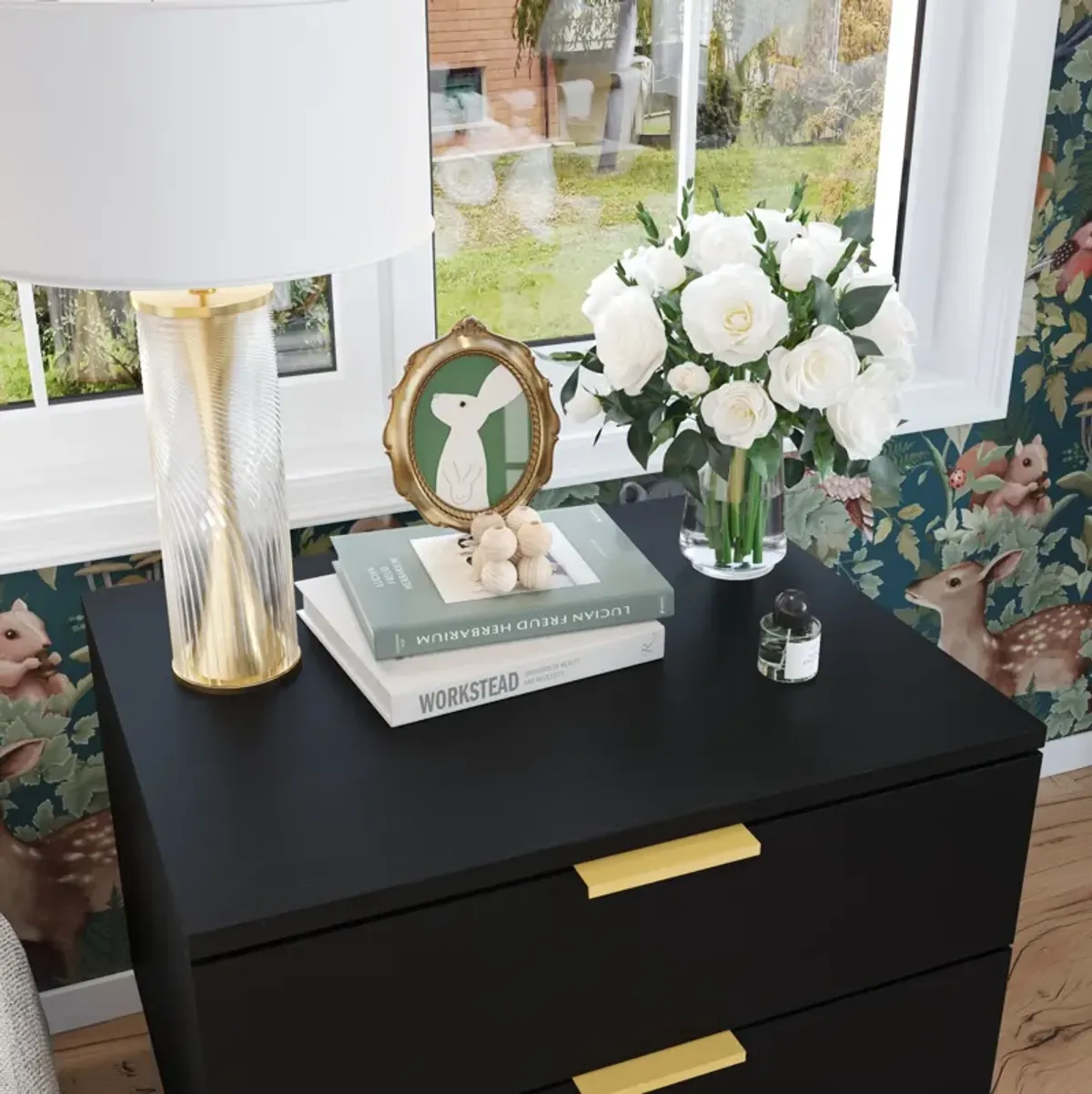 2-Drawer Black Wooden Nightstand Bedside Table With 4 Metal Legs 15.7 in. D x 19.7 in. W x 17.9 in. H