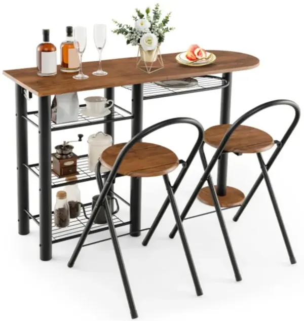 Hivvago 3 Pieces Retro Dining Table Set with 4-Tier Storage Shelf-Retro Brown