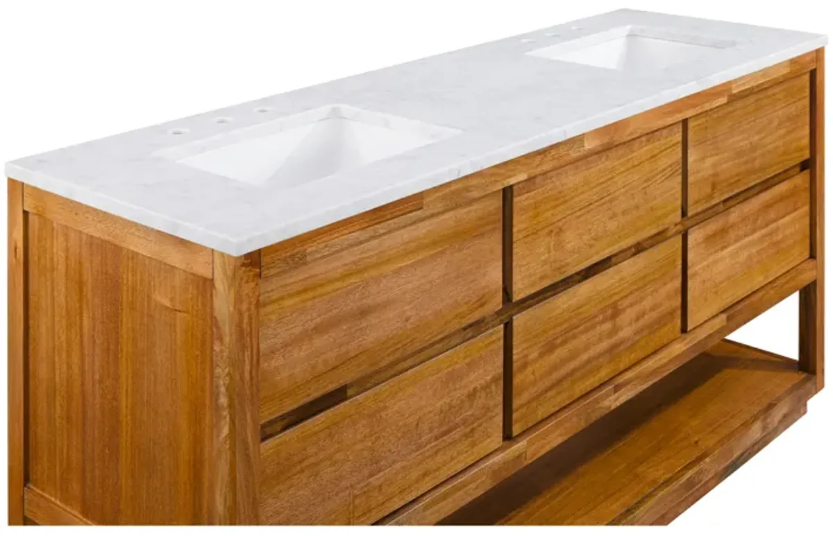 Oakman 72 In. Double Sink Carrara White Marble Countertop Bath Vanity in Mango Wood with Satin Gold Faucet