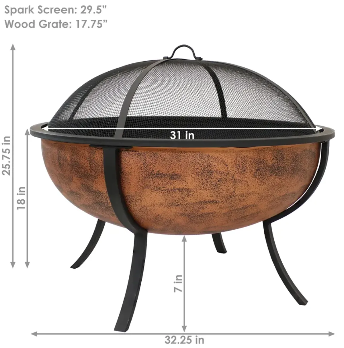 Sunnydaze 32 in Steel Fire Pit with Screen, Grate, and Poker - Copper