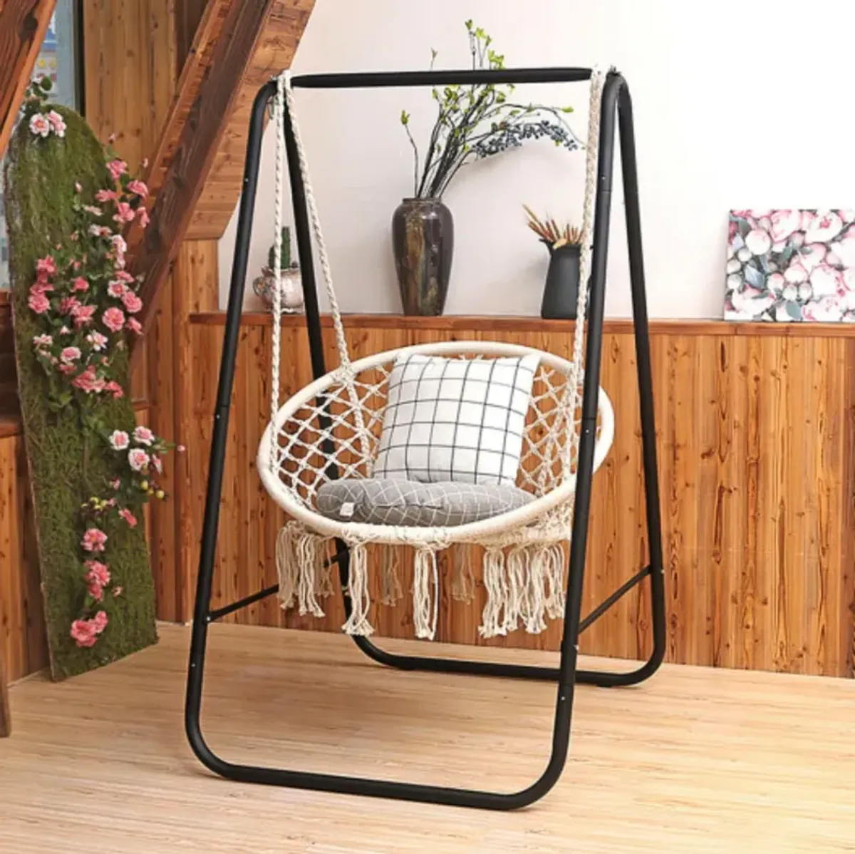 Hanging Macrame Hammock Chair with Handwoven Cotton Backrest