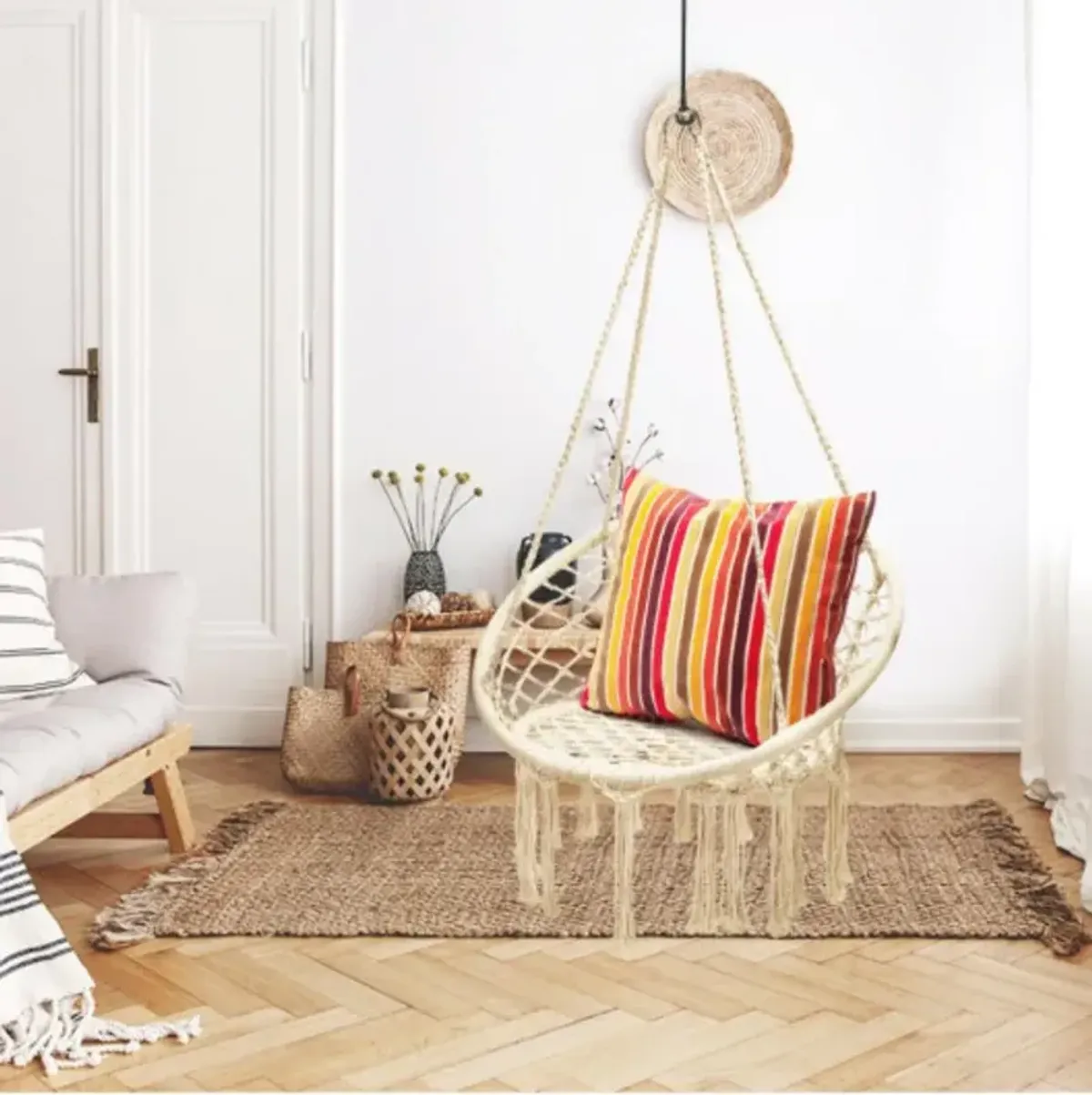 Hanging Macrame Hammock Chair with Handwoven Cotton Backrest