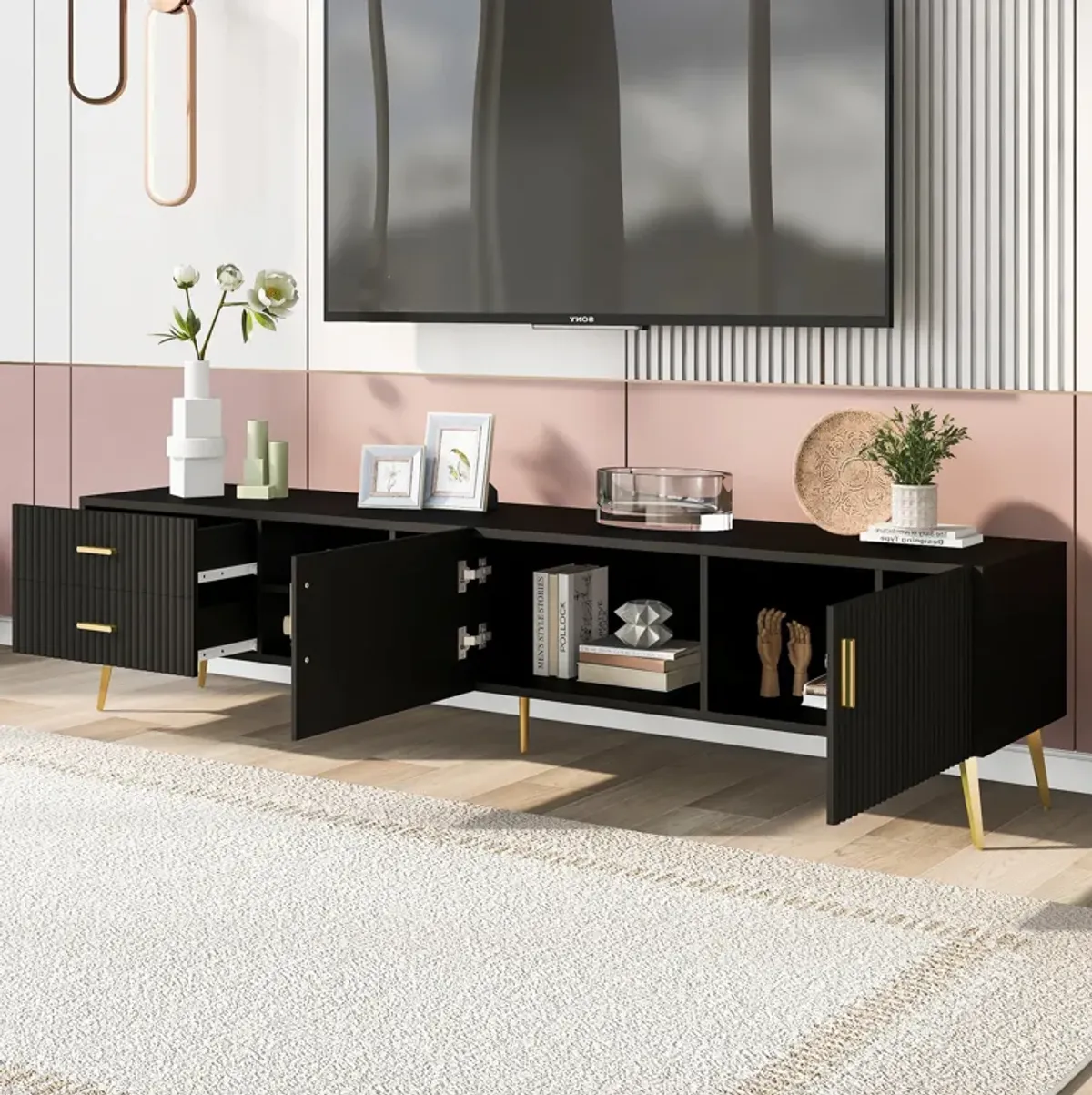 Modern TV Stand with 5 Champagne legs - Durable, stylish, spacious, versatile storage TVS up to 77" (Black)