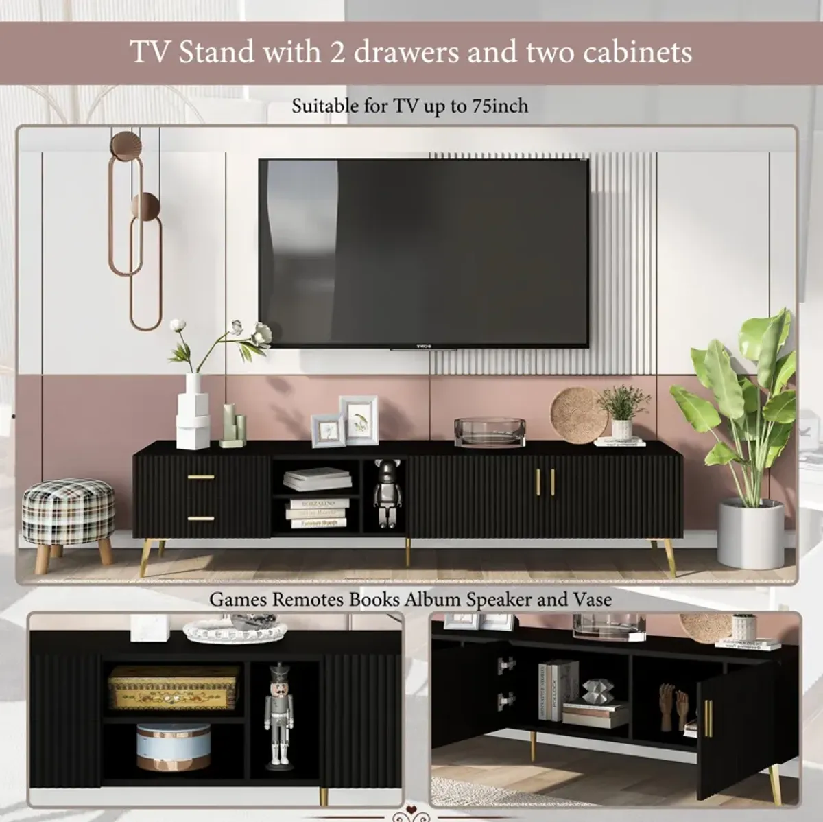 Modern TV Stand with 5 Champagne legs - Durable, stylish, spacious, versatile storage TVS up to 77" (Black)