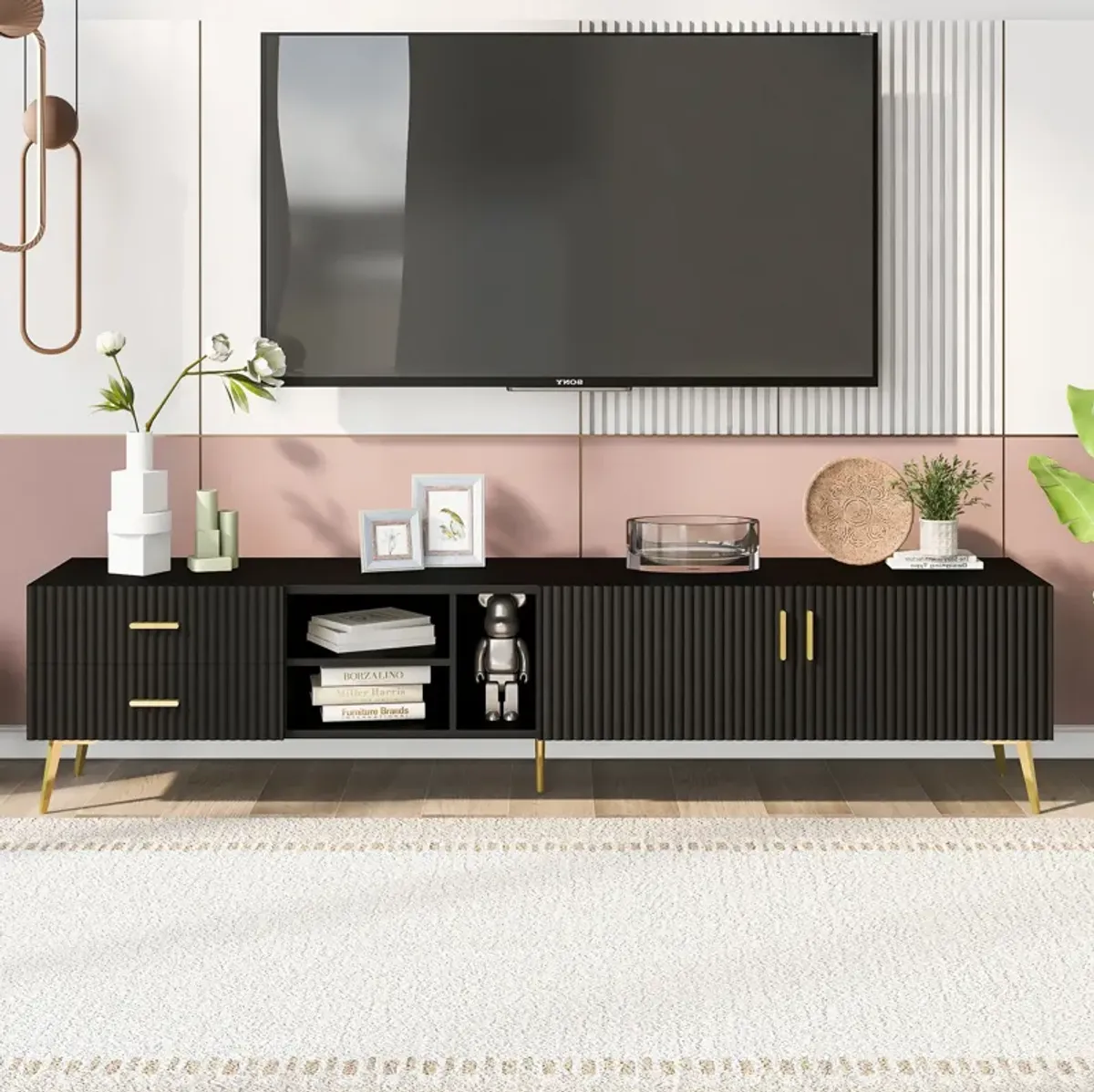 Modern TV Stand with 5 Champagne legs - Durable, stylish, spacious, versatile storage TVS up to 77" (Black)