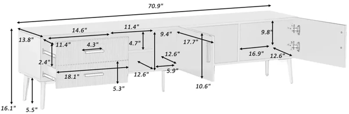 Modern TV Stand with 5 Champagne legs - Durable, stylish, spacious, versatile storage TVS up to 77" (Black)