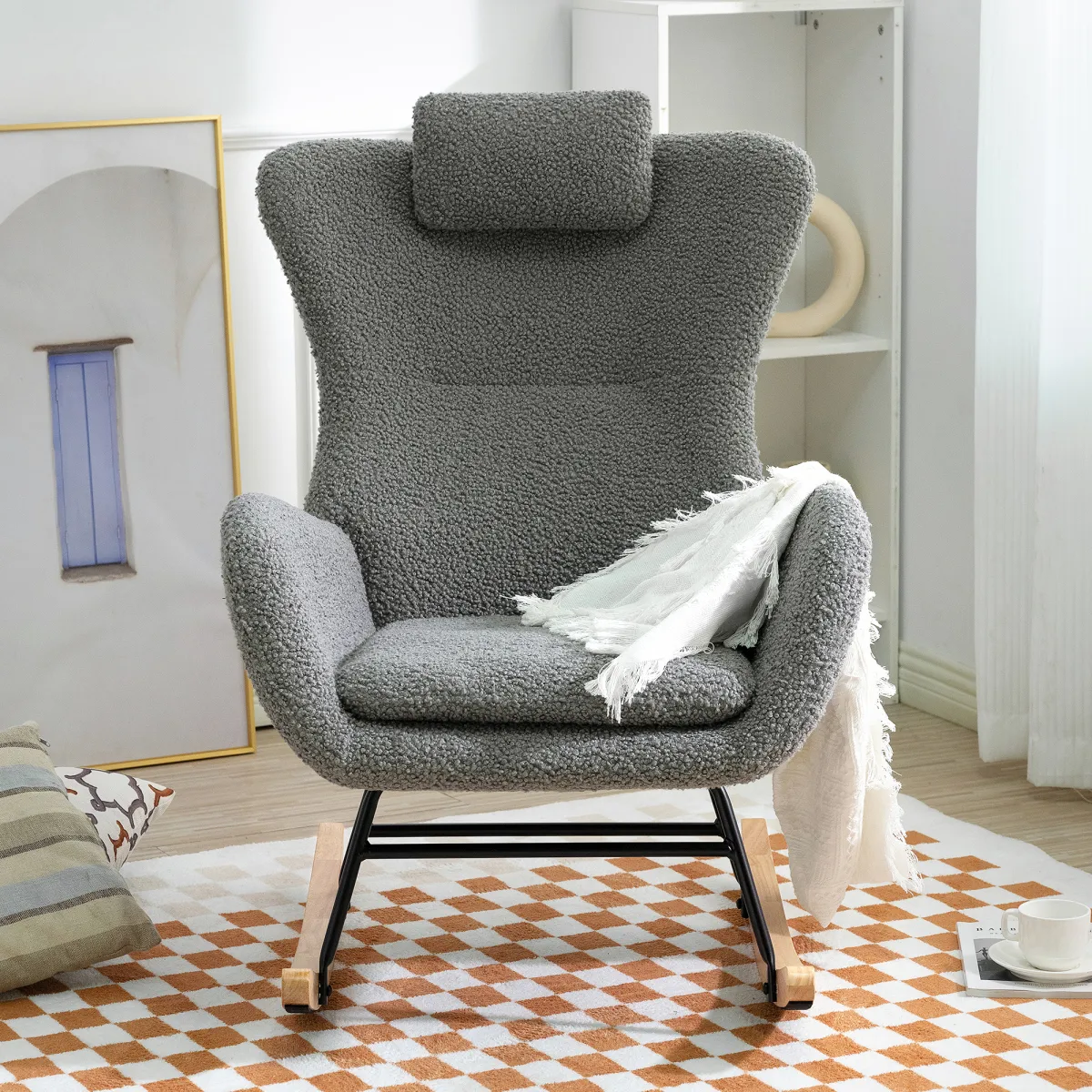 Rocking Chair with rubber leg and cashmere fabric, suitable for living room and bedroom