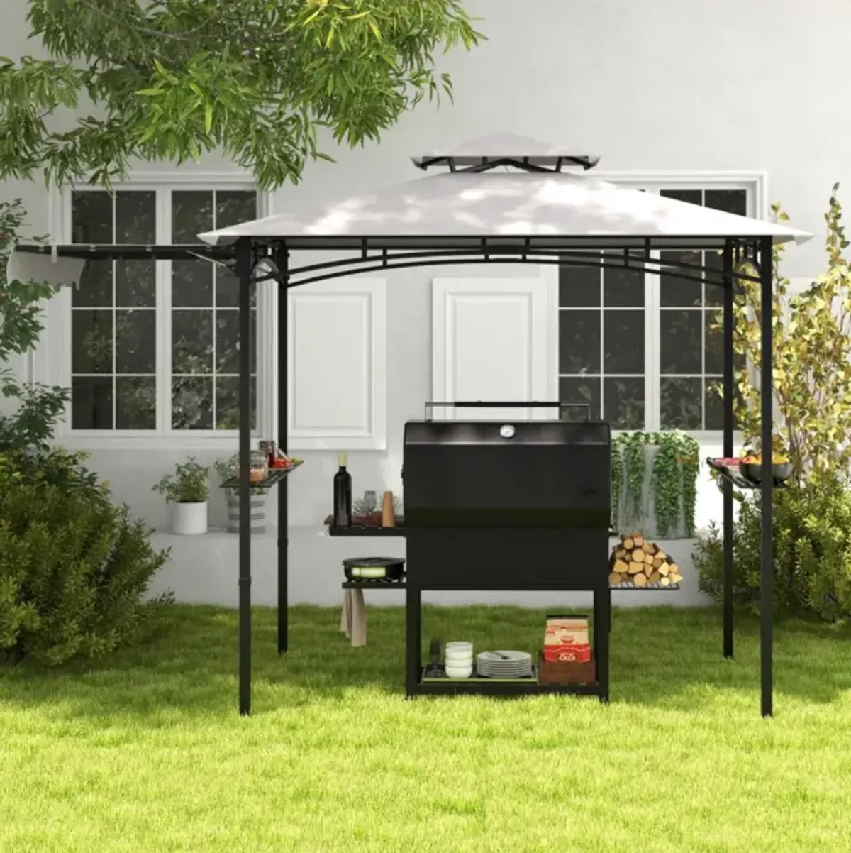 Hivvago 11 x 5 FT Grill Gazebo with Side Awning and Double-Tiered Top-Gray