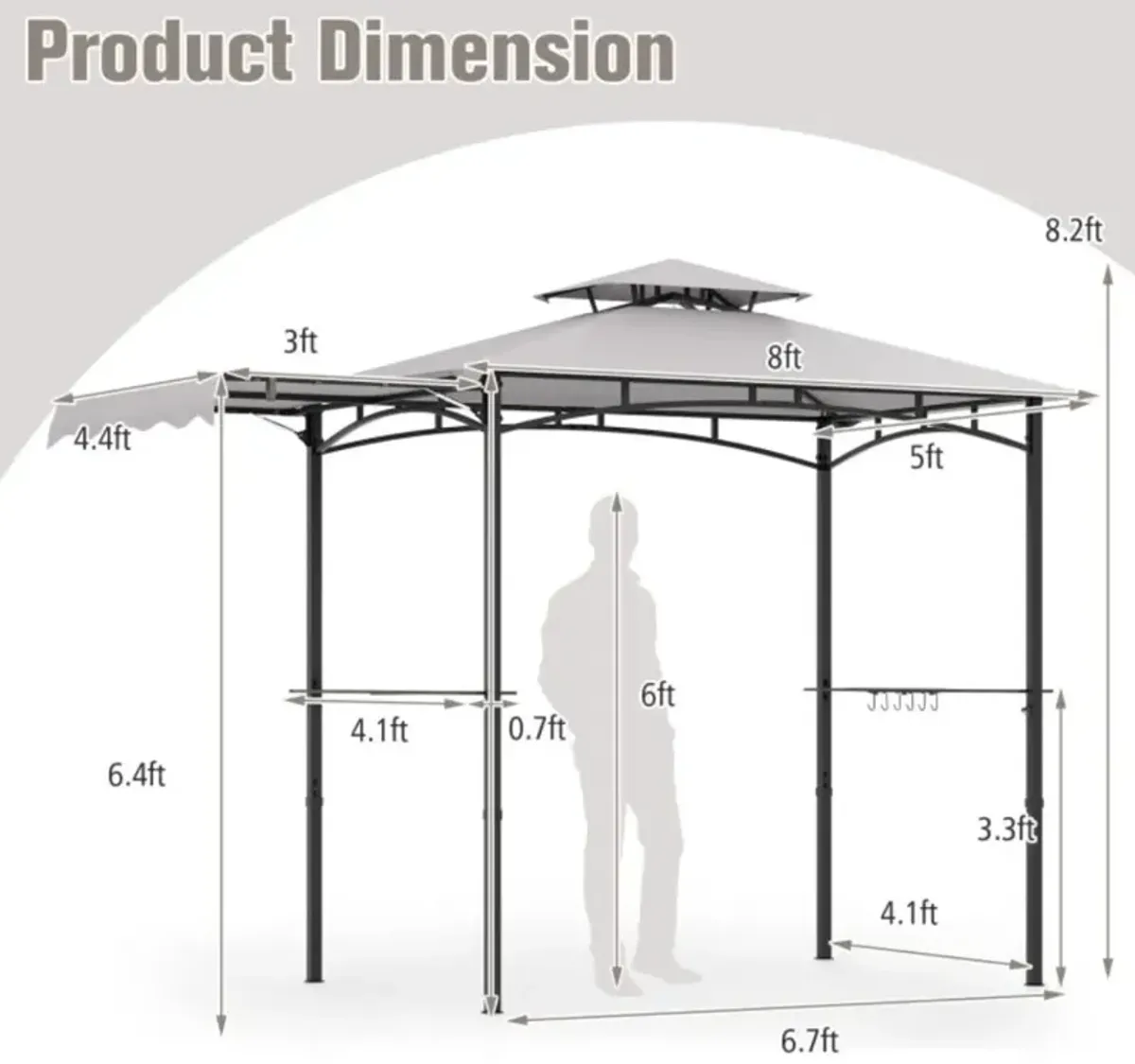 Hivvago 11 x 5 FT Grill Gazebo with Side Awning and Double-Tiered Top-Gray