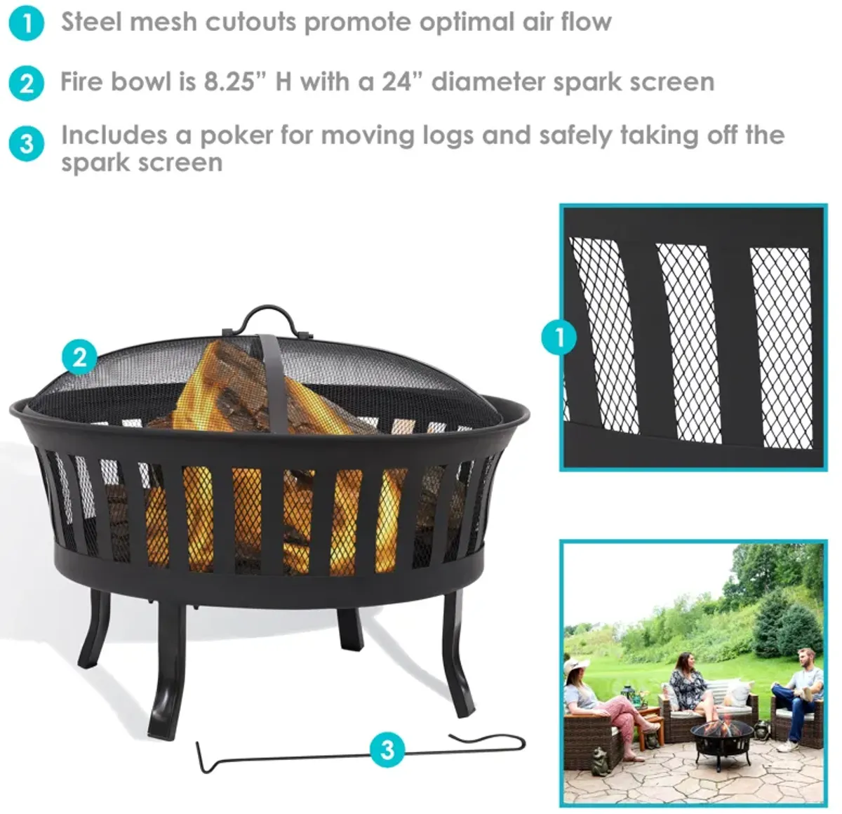 Sunnydaze 25 in Steel Wood-Burning Fire Pit with Mesh Stripe Cutouts