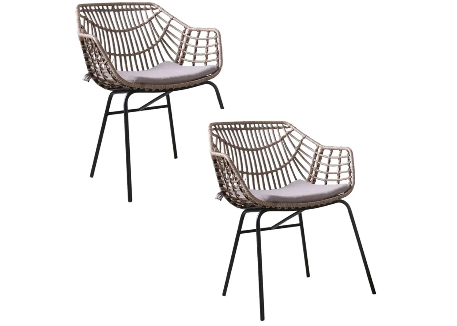 Niya Patio Chair Set of 2, Black Steel, Gray, Brown Outdoor Rattan Wicker