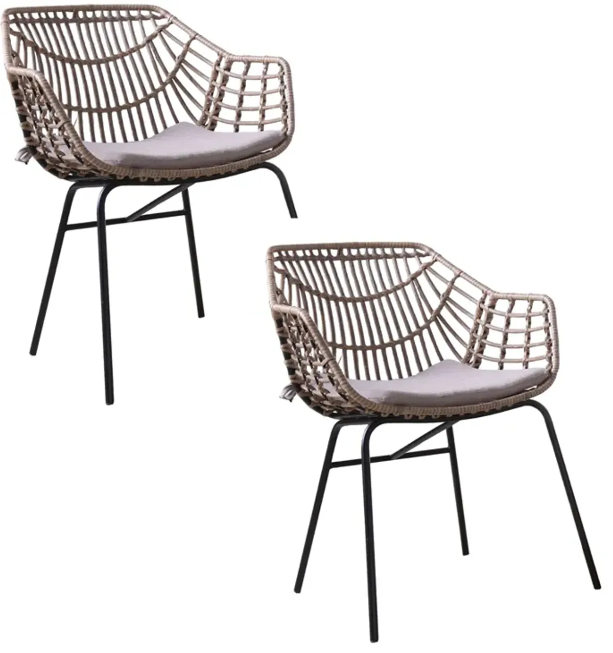 Niya Patio Chair Set of 2, Black Steel, Gray, Brown Outdoor Rattan Wicker