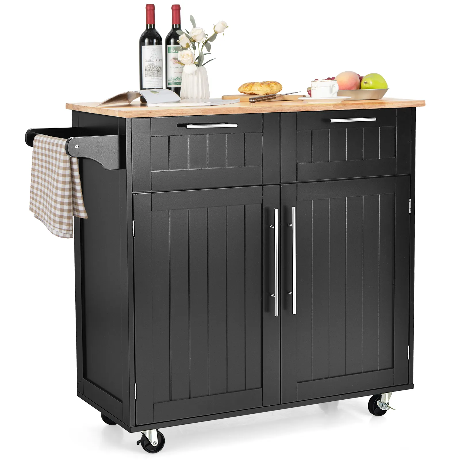 Heavy Duty Rolling Kitchen Cart with Tower Holder and Drawer