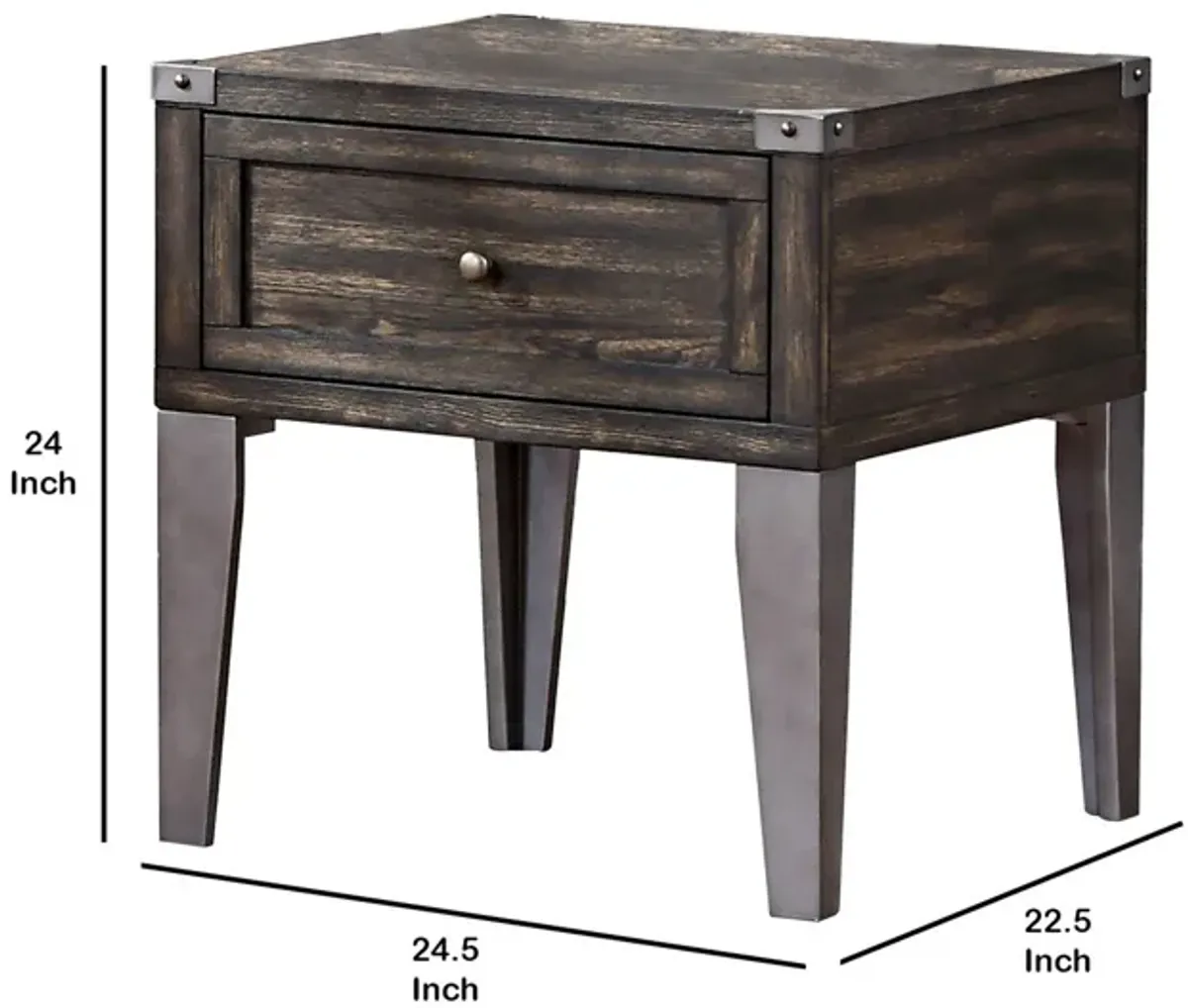 1 Drawer Wooden End Table with Metal Angled Legs, Brown-Benzara