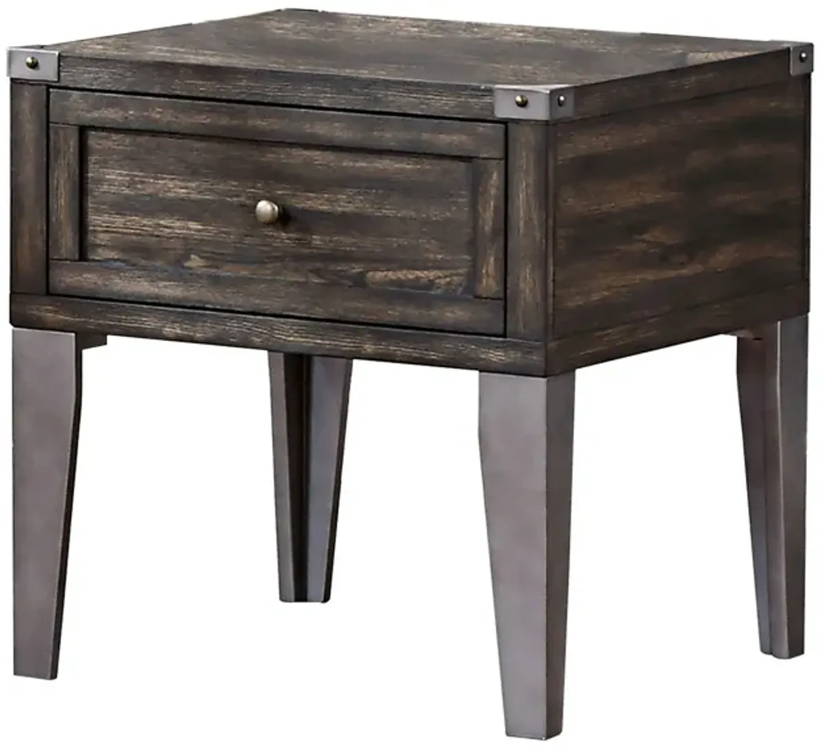 1 Drawer Wooden End Table with Metal Angled Legs, Brown-Benzara