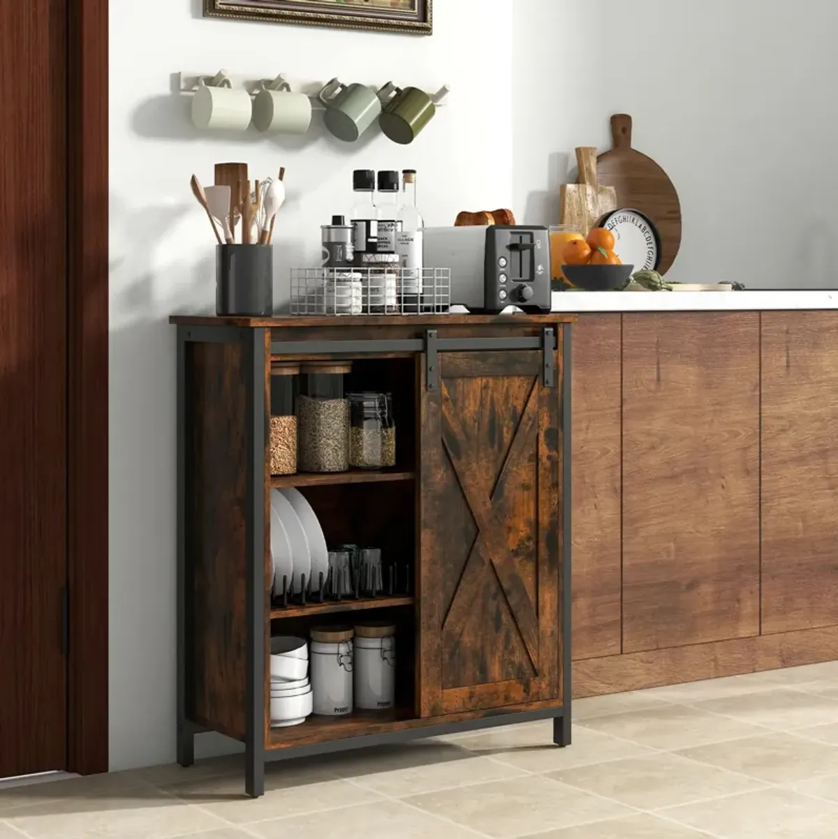 32 Inch Farmhouse Sideboard Buffet Cabinet with Sliding Barn Door and Adjustable Shelves