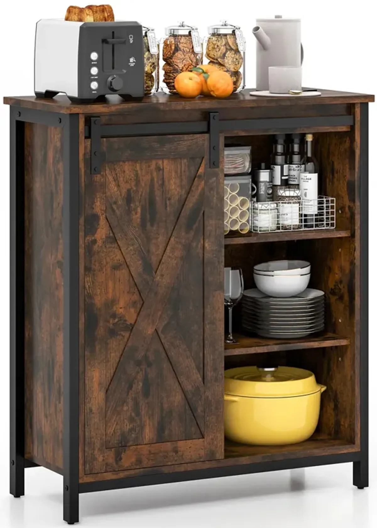 32 Inch Farmhouse Sideboard Buffet Cabinet with Sliding Barn Door and Adjustable Shelves