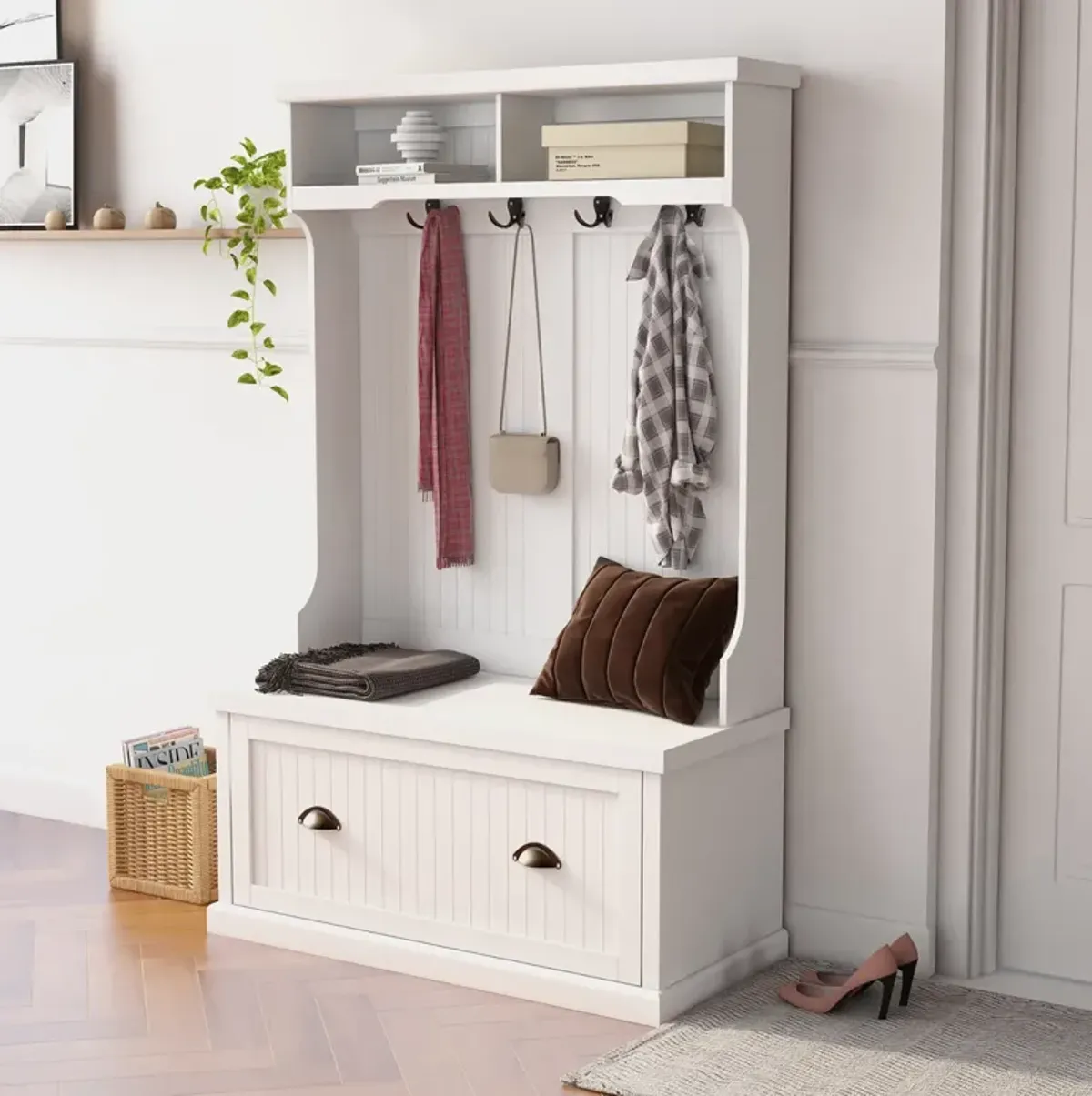 Entryway Hall Tree With Coat Rack 4 Hooks And Storage Bench Shoe Cabinet White