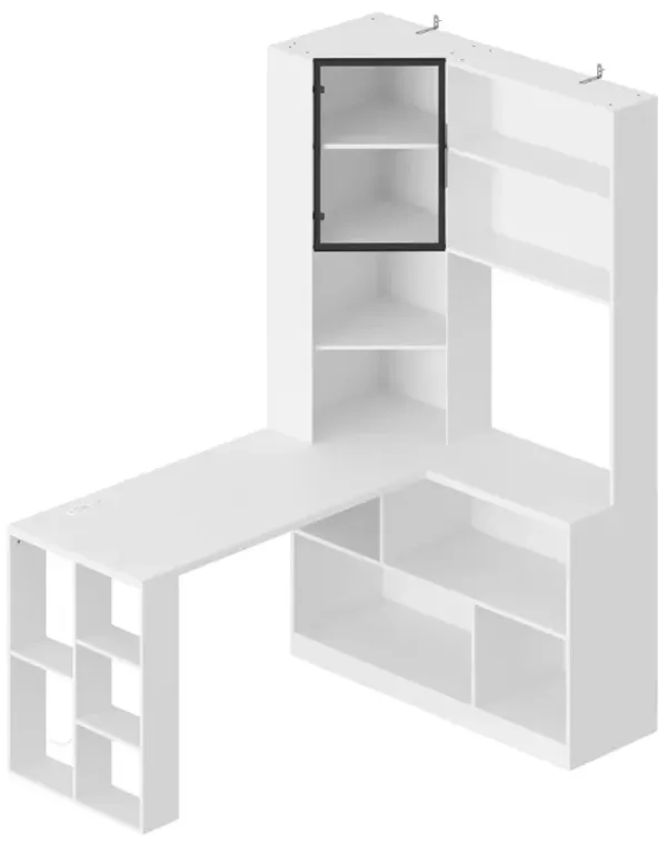 63 in. W. L-Shape White Wooden No Drawer Writing Desk, Computer Desk with 15-Open Shelves for Storage