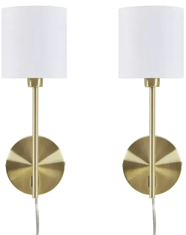 Gracie Mills Sangrey Set of 2 Brass Metal Wall Sconces with Cream Cylinder Shades