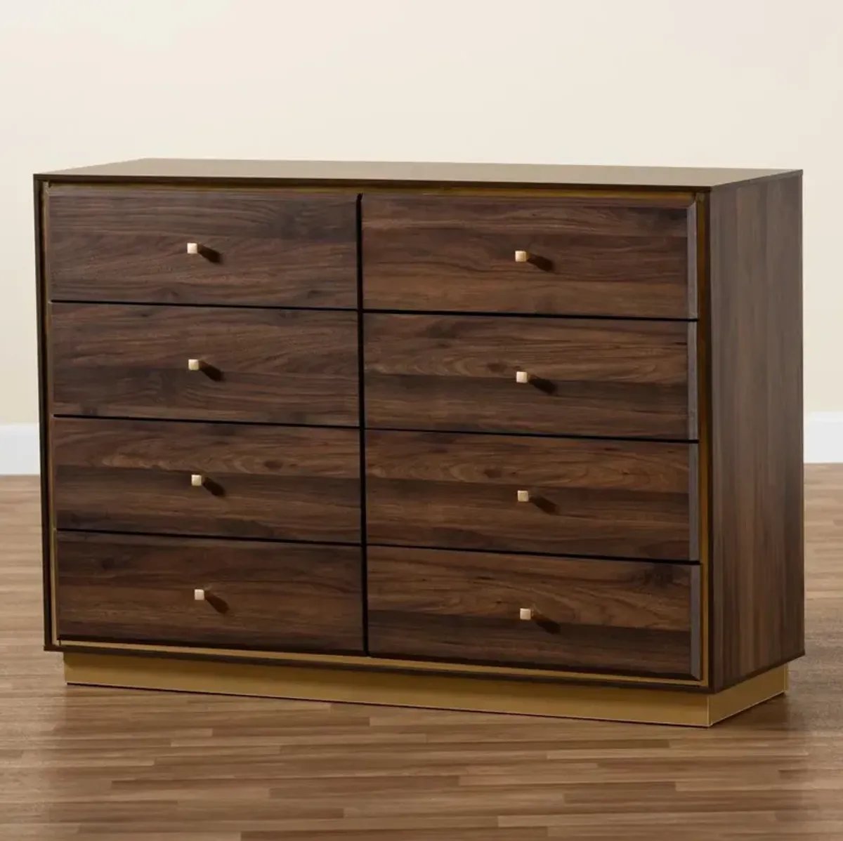 Walnut Brown Finished Wood and Gold Metal 8-Drawer Dresser