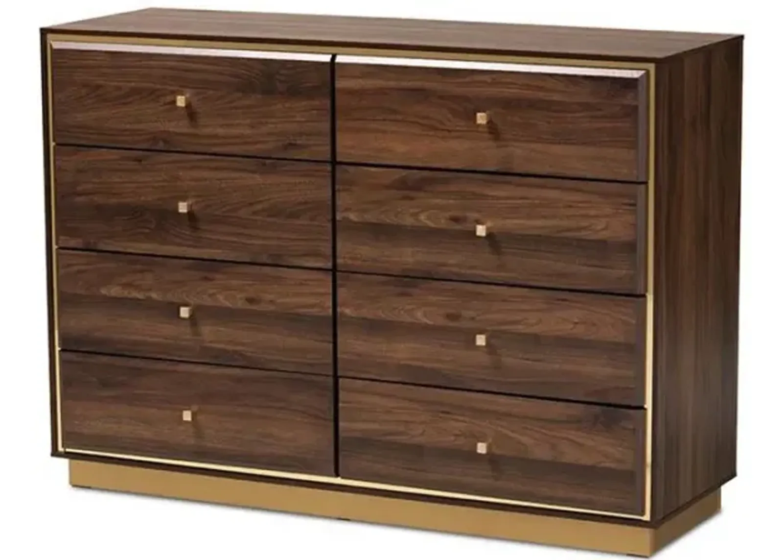 Walnut Brown Finished Wood and Gold Metal 8-Drawer Dresser