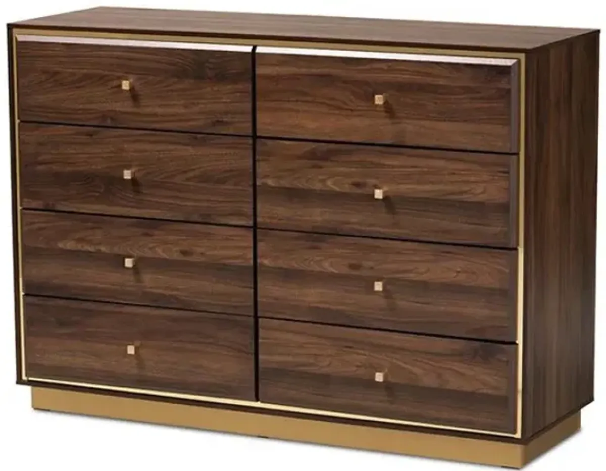 Walnut Brown Finished Wood and Gold Metal 8-Drawer Dresser