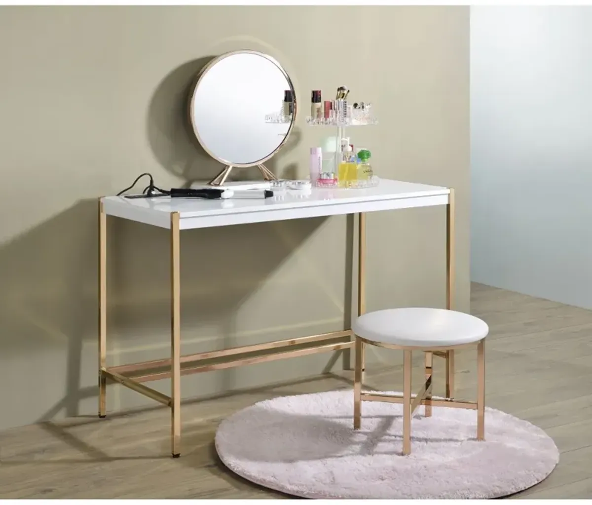 Midriaks Writing Desk w/USB Port in White & Gold Finish OF 00020