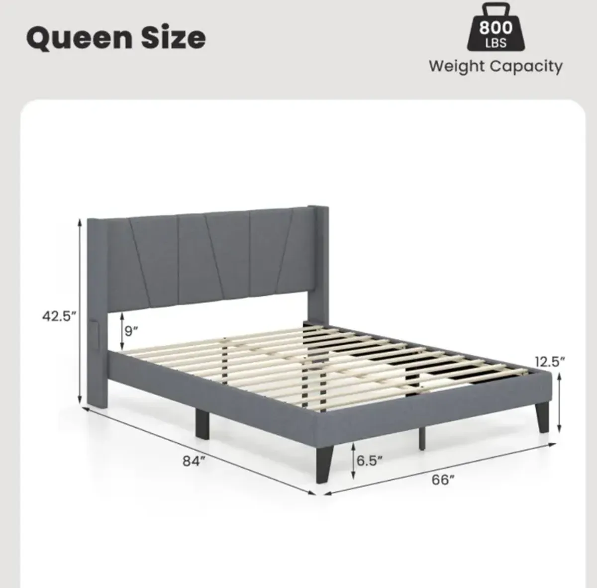 Hivvago Bed Frame with Wingback Headboard and Wood Slat Support