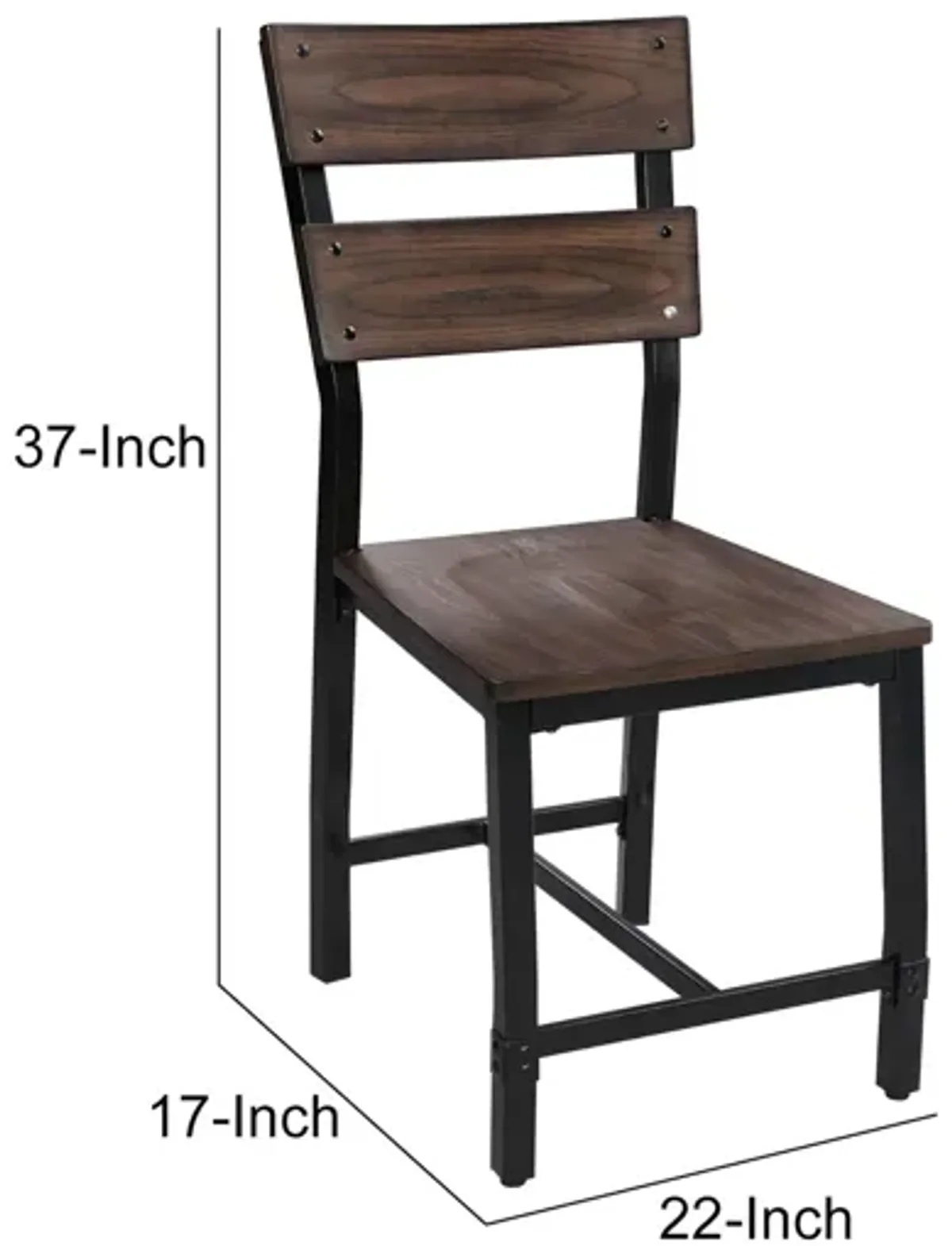 Wood and Metal Dining Side Chairs, Set of 2, Brown and Black-Benzara