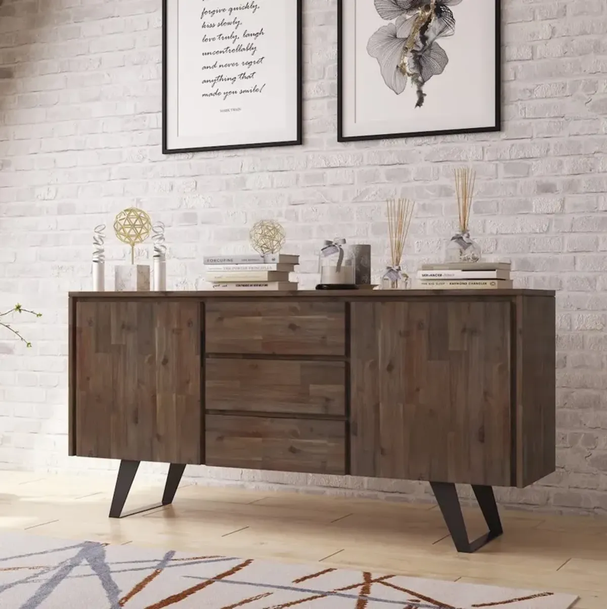 Simpli Home Lowry Solid Acacia Wood Sideboard Buffet In Rustic Natural Aged Brown