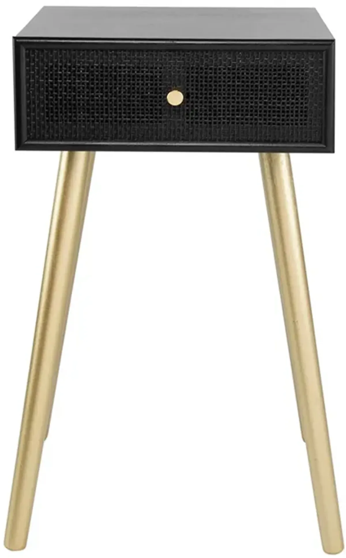 Gaia 28 Inch Pine Wood Side End Table, Gliding Rattan Drawer, Black, Gold-Benzara