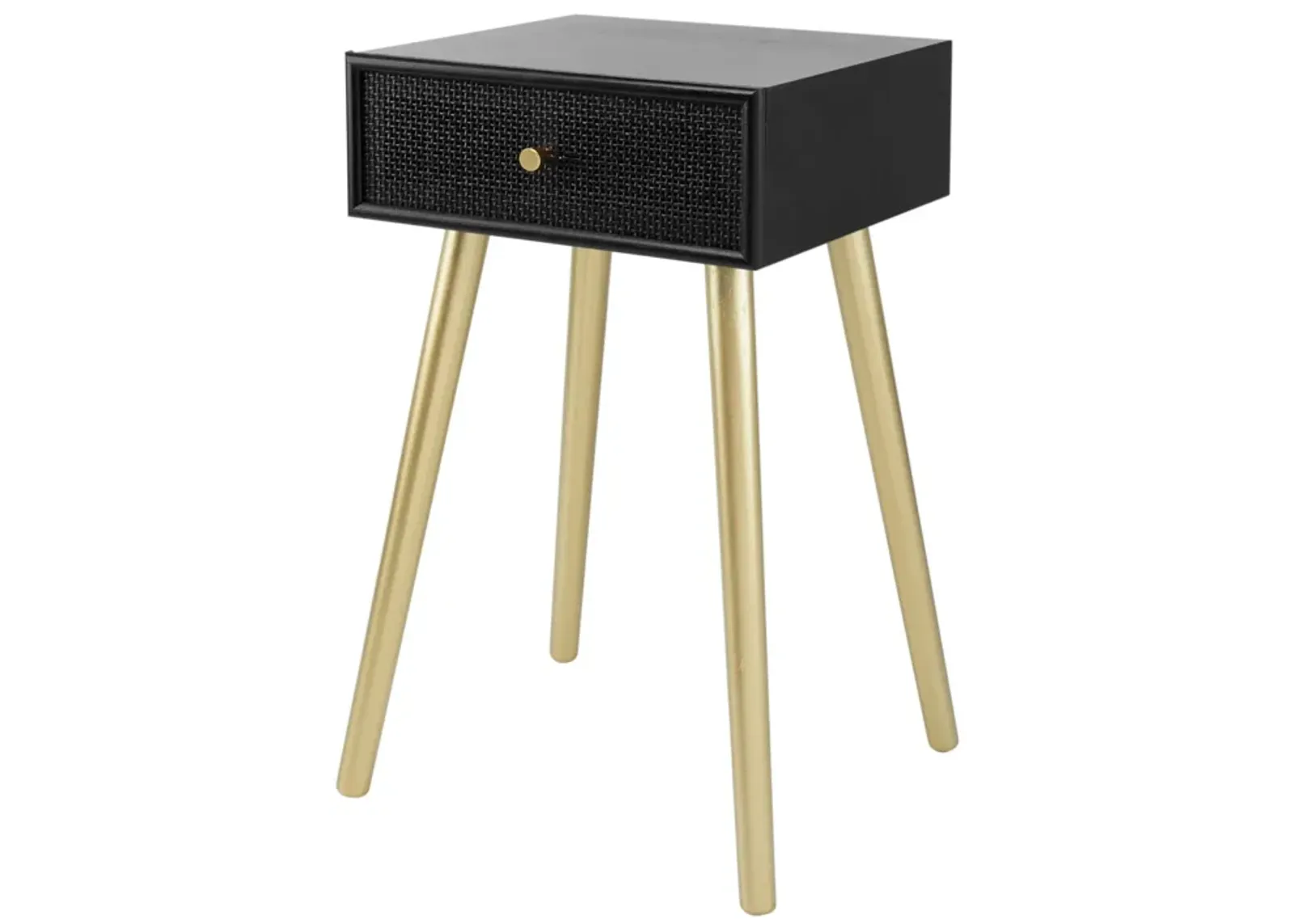 Gaia 28 Inch Pine Wood Side End Table, Gliding Rattan Drawer, Black, Gold-Benzara