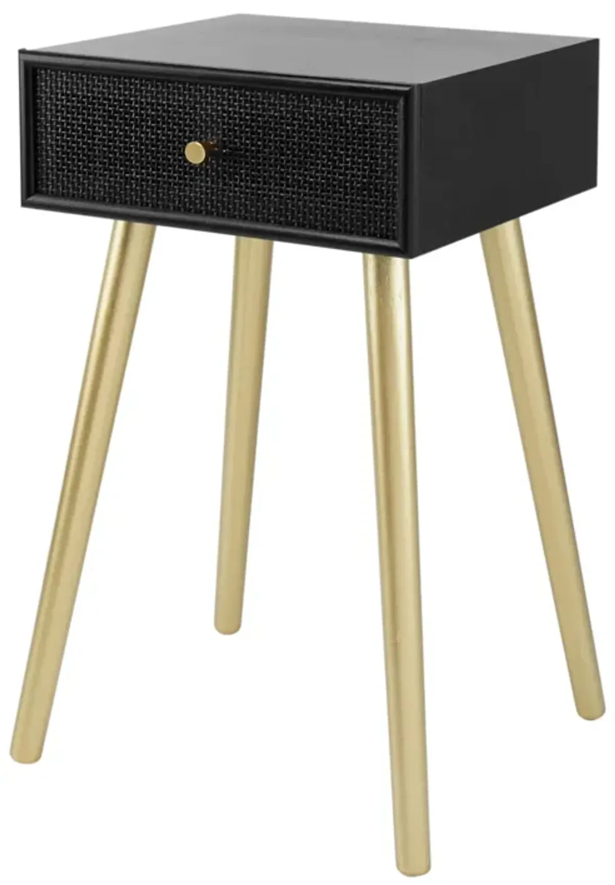 Gaia 28 Inch Pine Wood Side End Table, Gliding Rattan Drawer, Black, Gold-Benzara