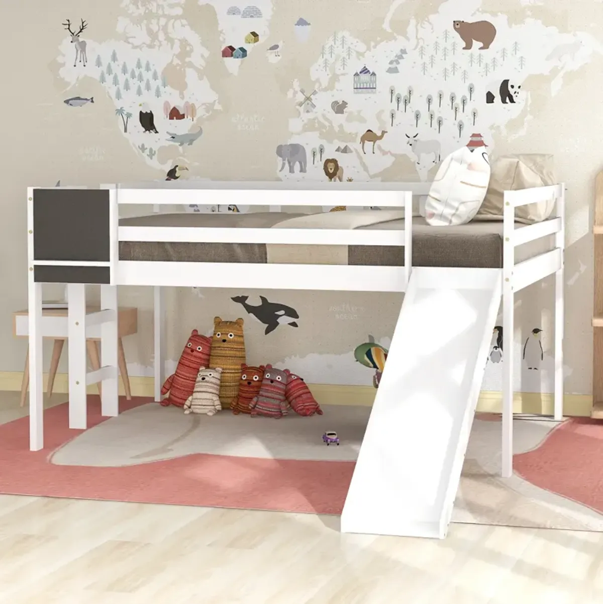 Full Size Loft Bed Wood Bed with Slide, Stair and Chalkboard