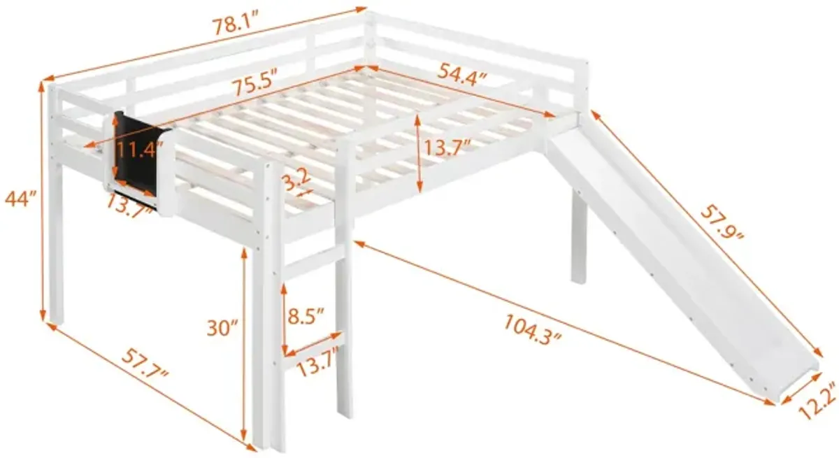 Full Size Loft Bed Wood Bed with Slide, Stair and Chalkboard